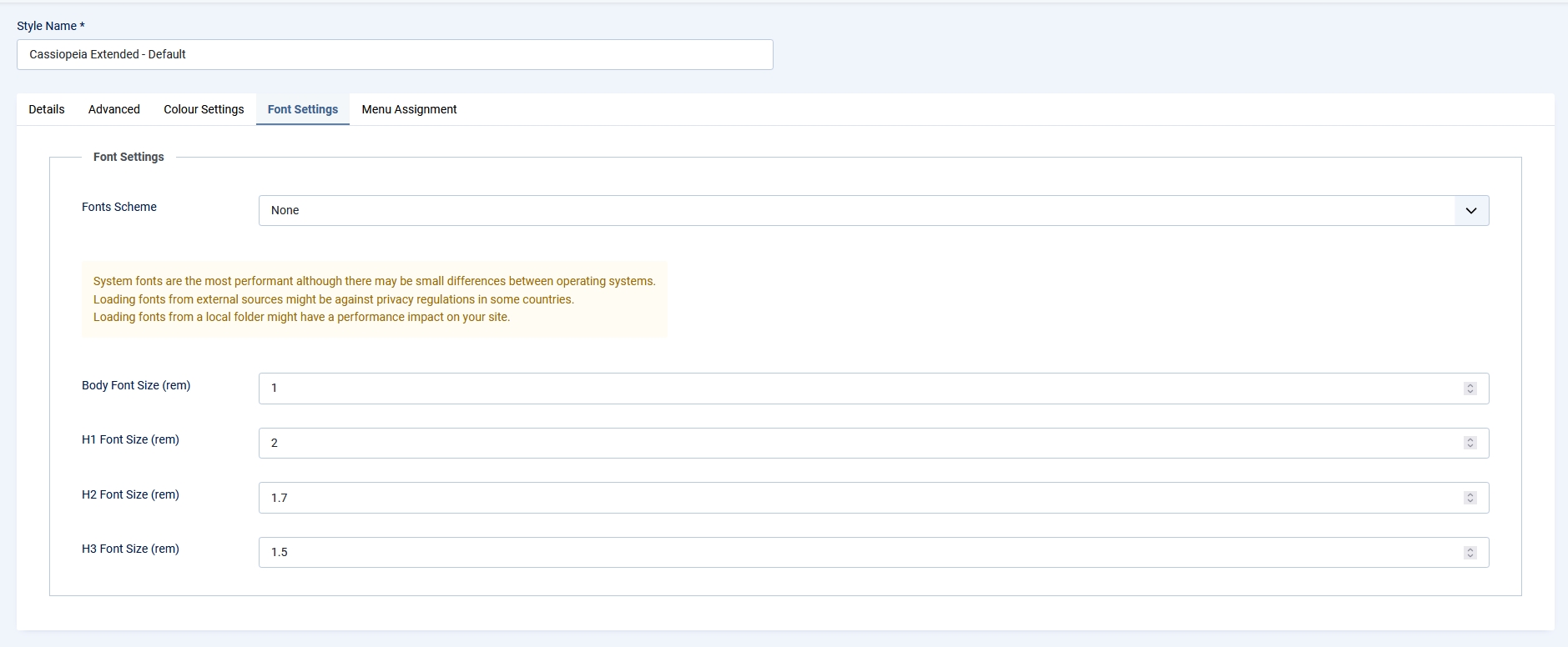 Schrift Optionen in Backend